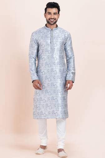 Blue jacquard silk premium designer festive wear kurta pyjama set