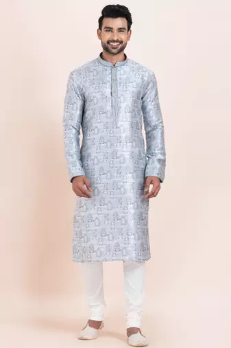Blue jacquard silk premium designer festive wear kurta pyjama set