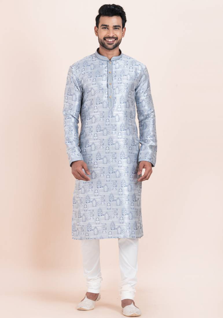 Blue jacquard silk premium designer festive wear kurta pyjama set