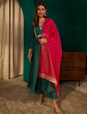 Green color rich looks silk slub embroidered readymade partywear suit for girl 5