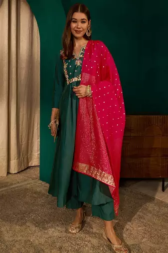Green color rich looks silk slub embroidered readymade partywear suit for girl