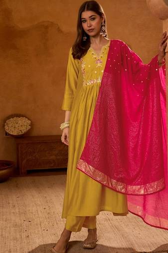 Mustard color rich girlie looks silk slub fabric embroidered readymade partywear suit for girl