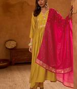 Mustard color rich girlie looks silk slub fabric embroidered readymade partywear suit for girl