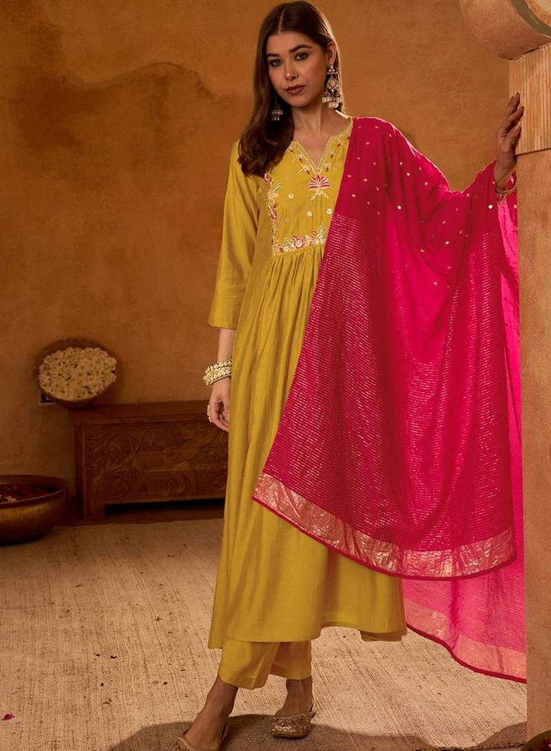 Mustard color rich girlie looks silk slub fabric embroidered readymade partywear suit for girl