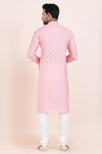 Pink cotton jacquard  premium designer festive wear kurta pyjama set