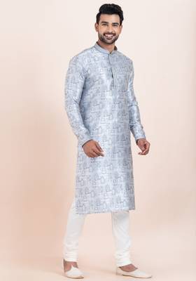 Blue jacquard silk premium designer festive wear kurta pyjama set 2