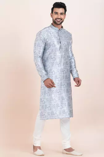 Blue jacquard silk premium designer festive wear kurta pyjama set