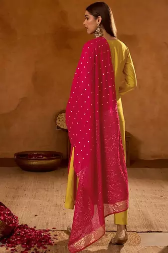 Mustard color rich looks silk slub embroidered readymade partywear suit for girl