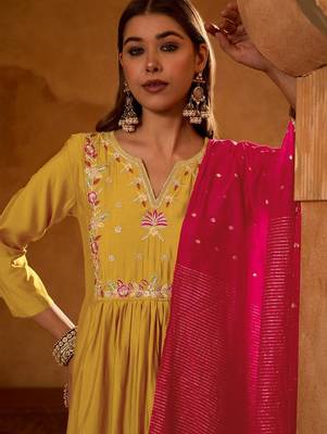 Mustard color rich looks silk slub embroidered readymade partywear suit for girl 3