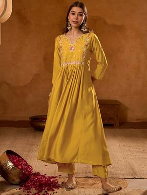 Mustard color rich looks silk slub embroidered readymade partywear suit for girl 4