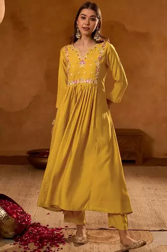 Mustard color rich looks silk slub embroidered readymade partywear suit for girl
