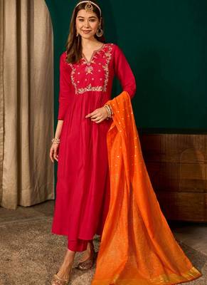Red color rich looks silk slub embroidered readymade partywear suit for girl 1