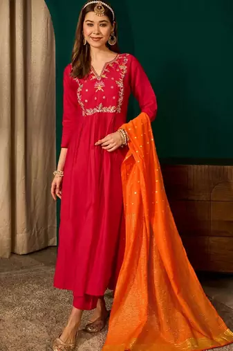 Red color rich girlie looks silk slub fabric embroidered readymade partywear suit for girl