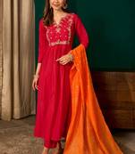 Red color rich girlie looks silk slub fabric embroidered readymade partywear suit for girl