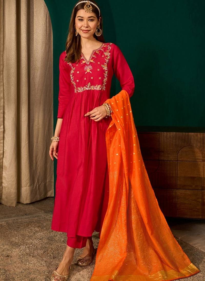 Red color rich girlie looks silk slub fabric embroidered readymade partywear suit for girl