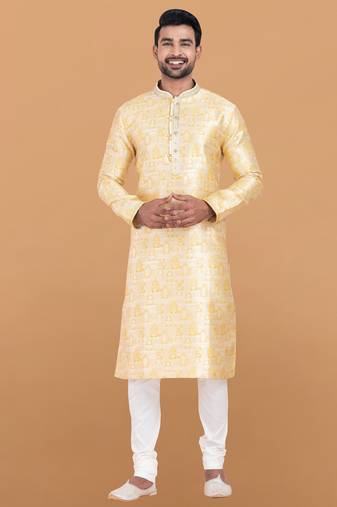 yellow jacquard silk premium designer festive wear kurta pyjama set