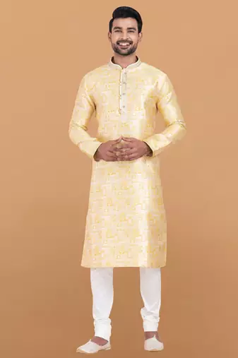 yellow jacquard silk premium designer festive wear kurta pyjama set