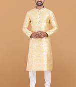 yellow jacquard silk premium designer festive wear kurta pyjama set