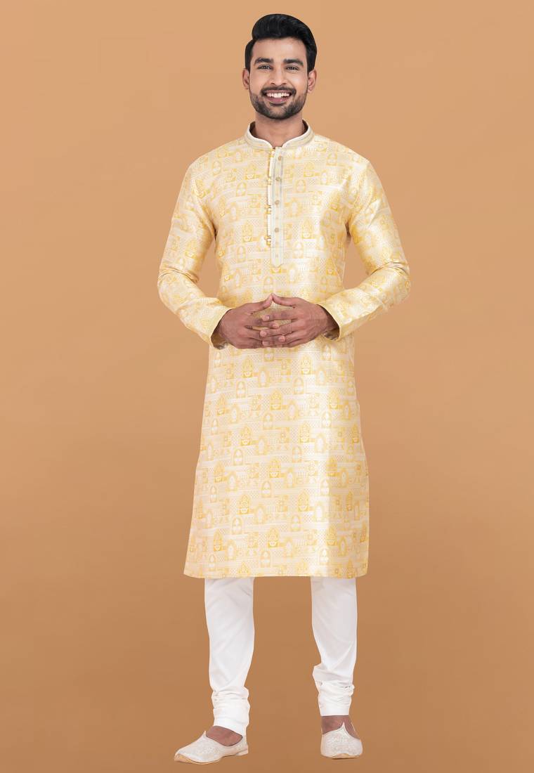 yellow jacquard silk premium designer festive wear kurta pyjama set