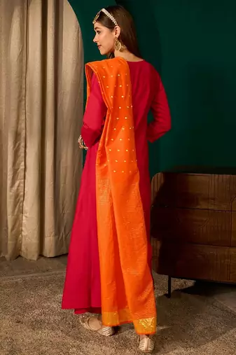 Red color rich looks silk slub embroidered readymade partywear suit for girl