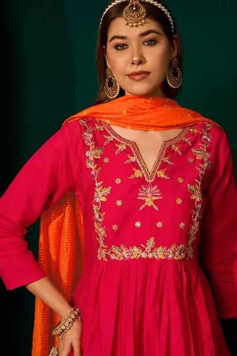 Red color rich looks silk slub embroidered readymade partywear suit for girl