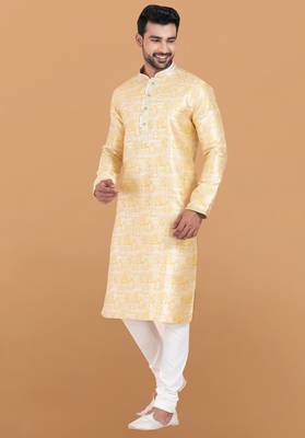 yellow jacquard silk premium designer festive wear kurta pyjama set 2
