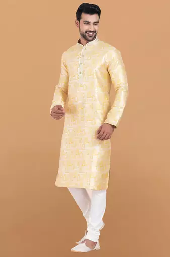 yellow jacquard silk premium designer festive wear kurta pyjama set
