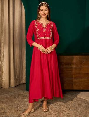 Red color rich looks silk slub embroidered readymade partywear suit for girl 4