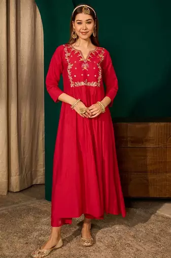 Red color rich looks silk slub embroidered readymade partywear suit for girl