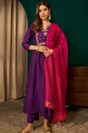 Violet color rich girlie looks silk slub fabric embroidered readymade partywear suit for girl