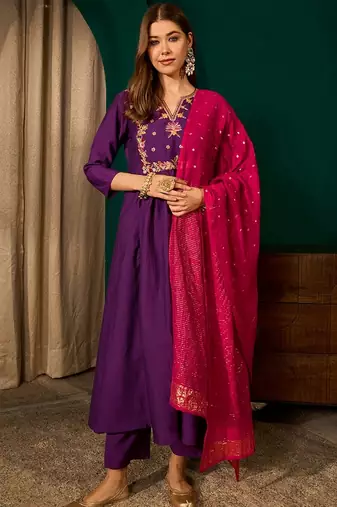 Violet color rich girlie looks silk slub fabric embroidered readymade partywear suit for girl