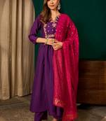 Violet color rich girlie looks silk slub fabric embroidered readymade partywear suit for girl