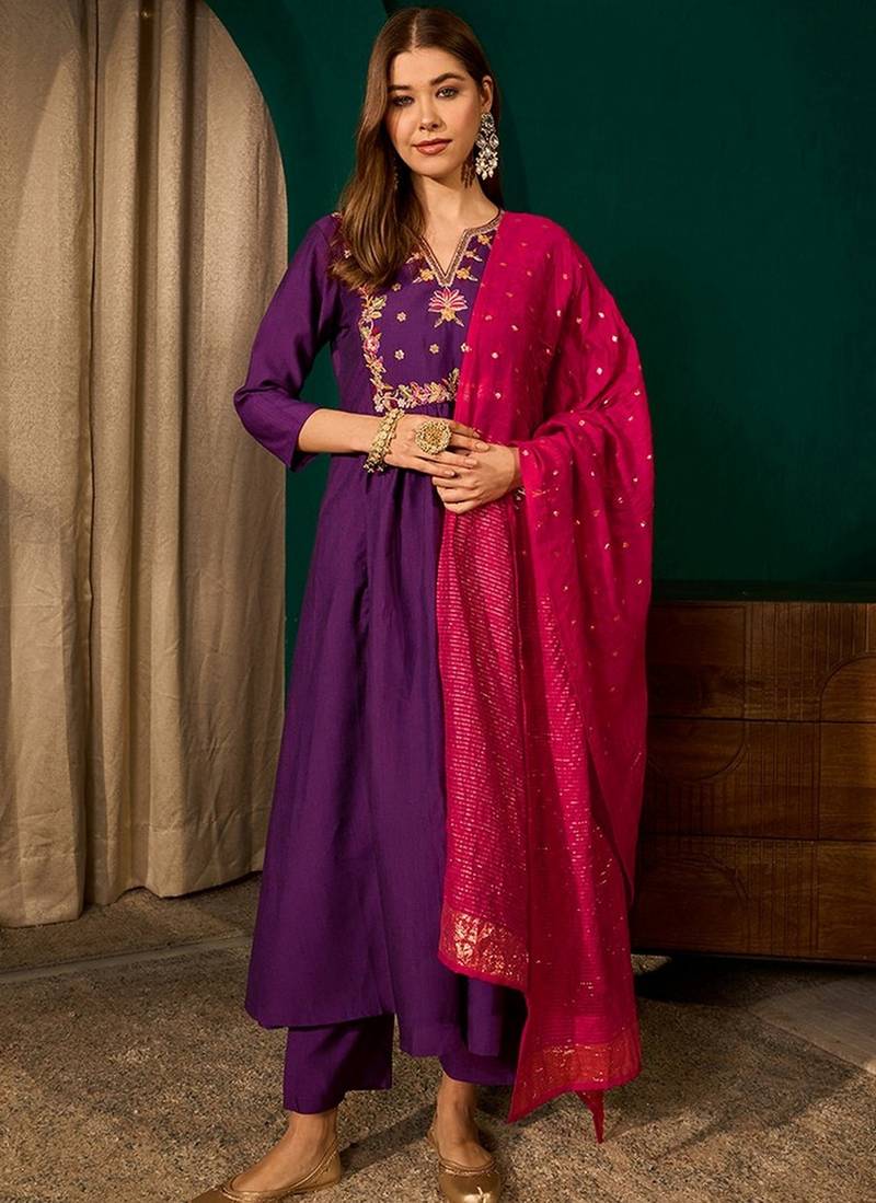 Violet color rich girlie looks silk slub fabric embroidered readymade partywear suit for girl