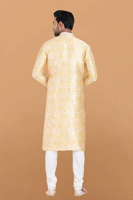 yellow jacquard silk premium designer festive wear kurta pyjama set 4
