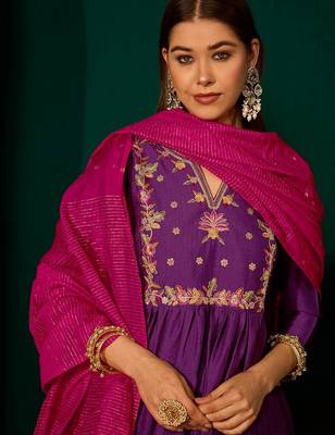 Violet color rich looks silk slub embroidered readymade partywear suit for girl 3