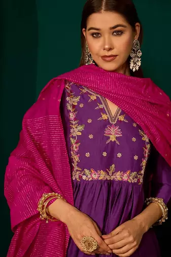 Violet color rich looks silk slub embroidered readymade partywear suit for girl