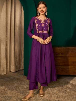 Violet color rich looks silk slub embroidered readymade partywear suit for girl 4