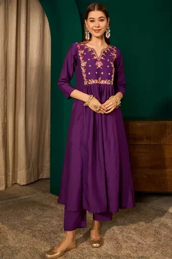 Violet color rich looks silk slub embroidered readymade partywear suit for girl