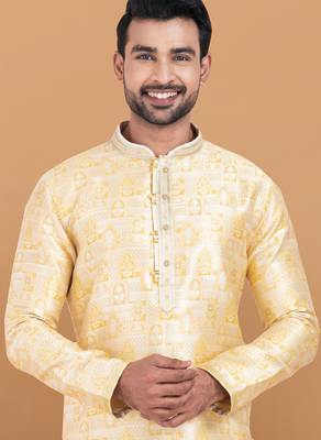 yellow jacquard silk premium designer festive wear kurta pyjama set 5