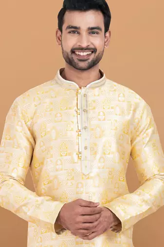 yellow jacquard silk premium designer festive wear kurta pyjama set
