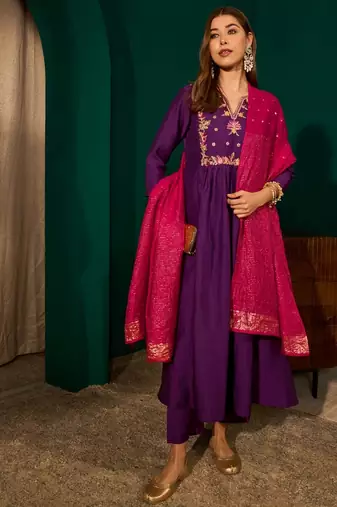 Violet color rich looks silk slub embroidered readymade partywear suit for girl