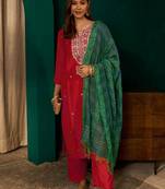 Red color rich girlie looks silk slub fabric embroidered readymade partywear suit for girl