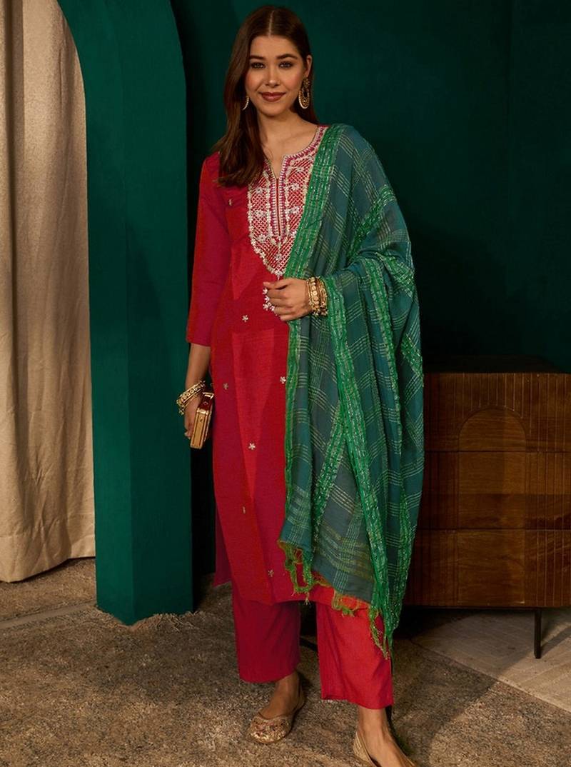 Red color rich girlie looks silk slub fabric embroidered readymade partywear suit for girl