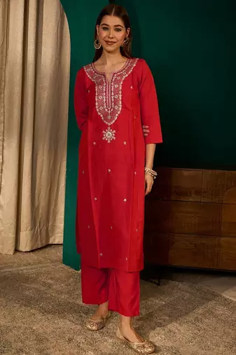 Red color rich looks silk slub embroidered readymade partywear suit for girl