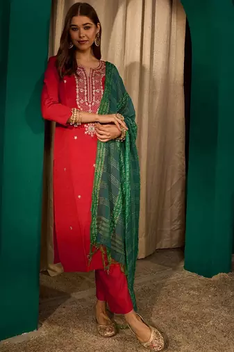 Red color rich looks silk slub embroidered readymade partywear suit for girl