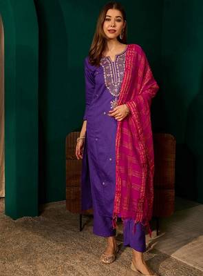 Violet color rich looks silk slub embroidered readymade partywear suit for girl 1