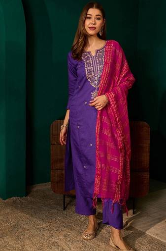 Violet color rich girlie looks silk slub fabric embroidered readymade partywear suit for girl