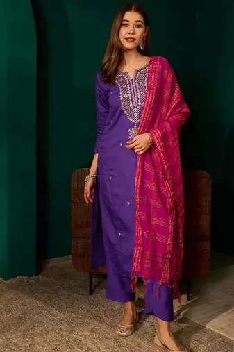 Violet color rich girlie looks silk slub fabric embroidered readymade partywear suit for girl