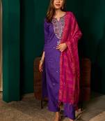 Violet color rich girlie looks silk slub fabric embroidered readymade partywear suit for girl
