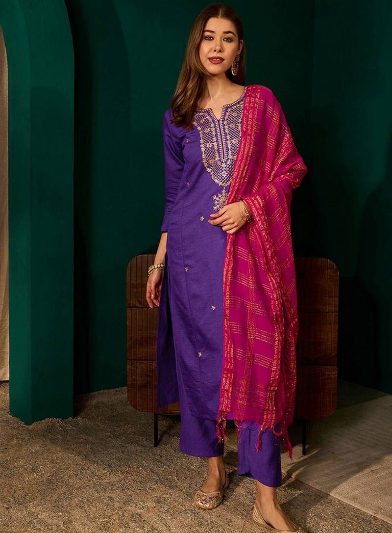 Violet color rich girlie looks silk slub fabric embroidered readymade partywear suit for girl